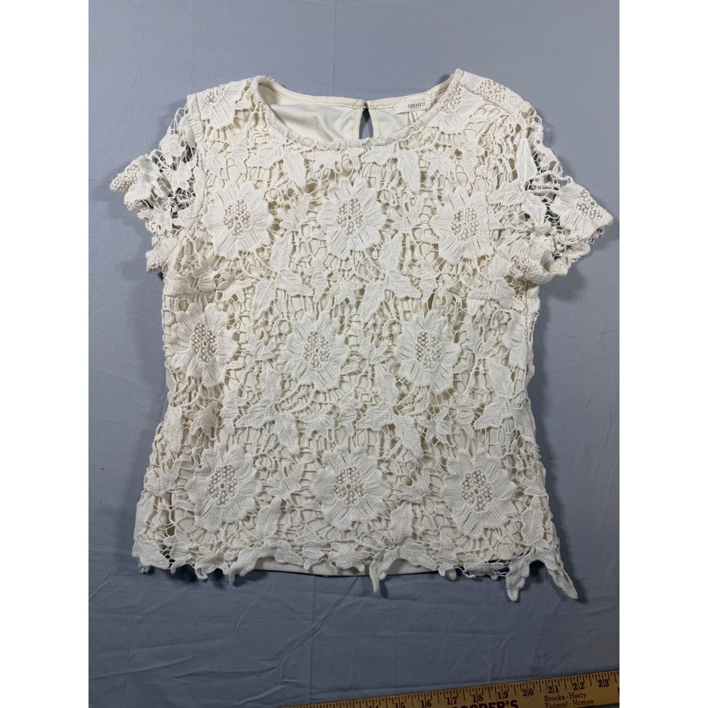 Forever 21 Women Cream Floral Lace Crochet Short Sleeve Lined Blouse Top Large